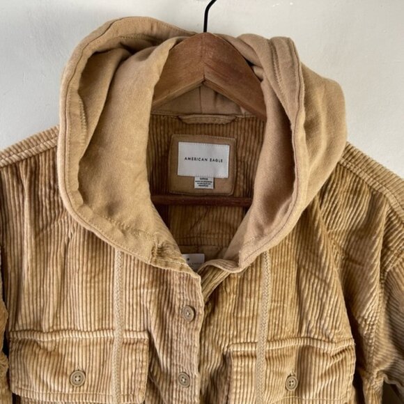 American Eagle AE Hooded Cropped Corduroy Button-Up Shirt Shacket Tan new NWT S - Picture 8 of 15